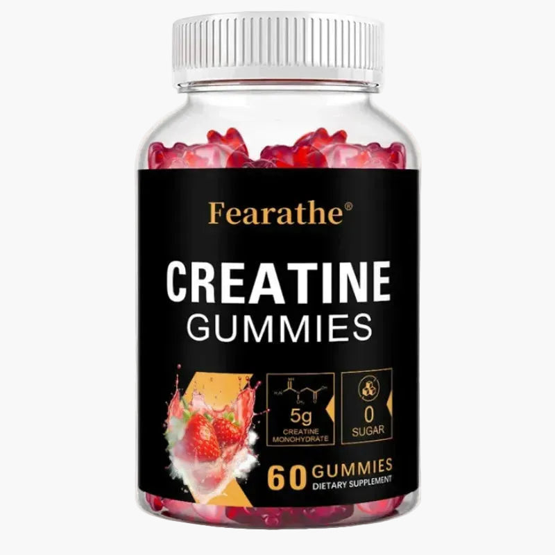 Bottle of Creatine Gummies on a white grey background