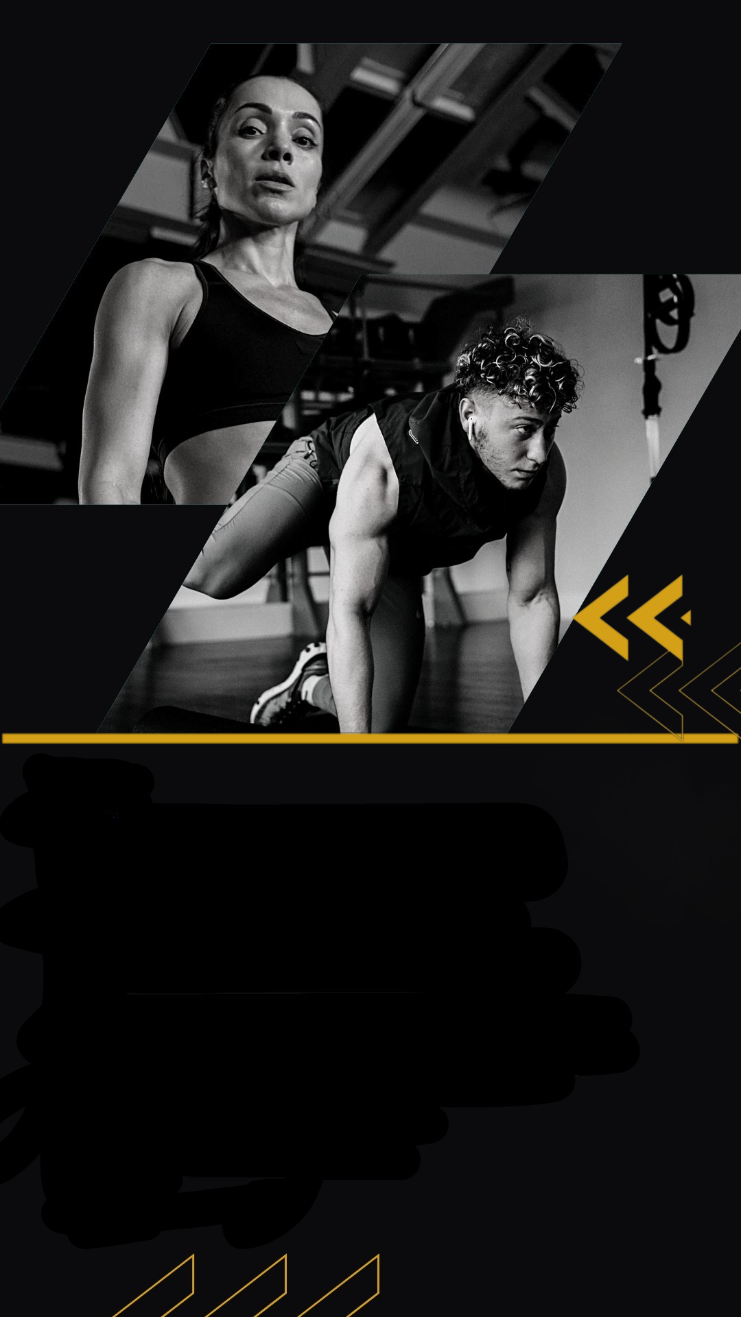 Two people exercising in a gym setting with a black and yellow design element.