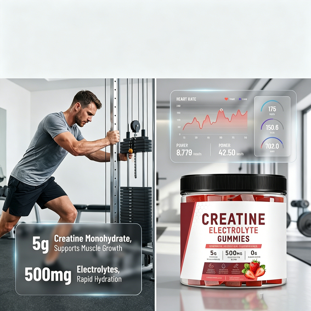 A person training on a weight machine with performance metrics on screen and a jar of Creatine Electrolyte Gummies; callouts note 5 g creatine monohydrate and 500 mg electrolytes