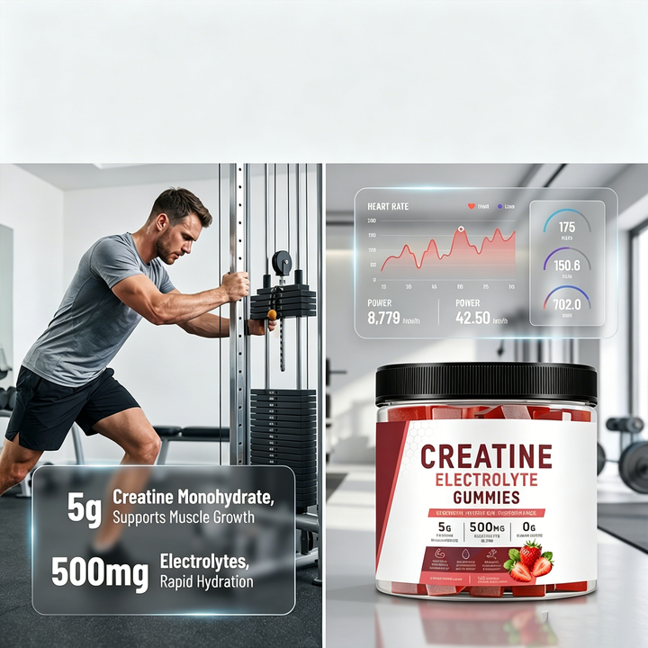 A person training on a weight machine with performance metrics on screen and a jar of Creatine Electrolyte Gummies; callouts note 5 g creatine monohydrate and 500 mg electrolytes