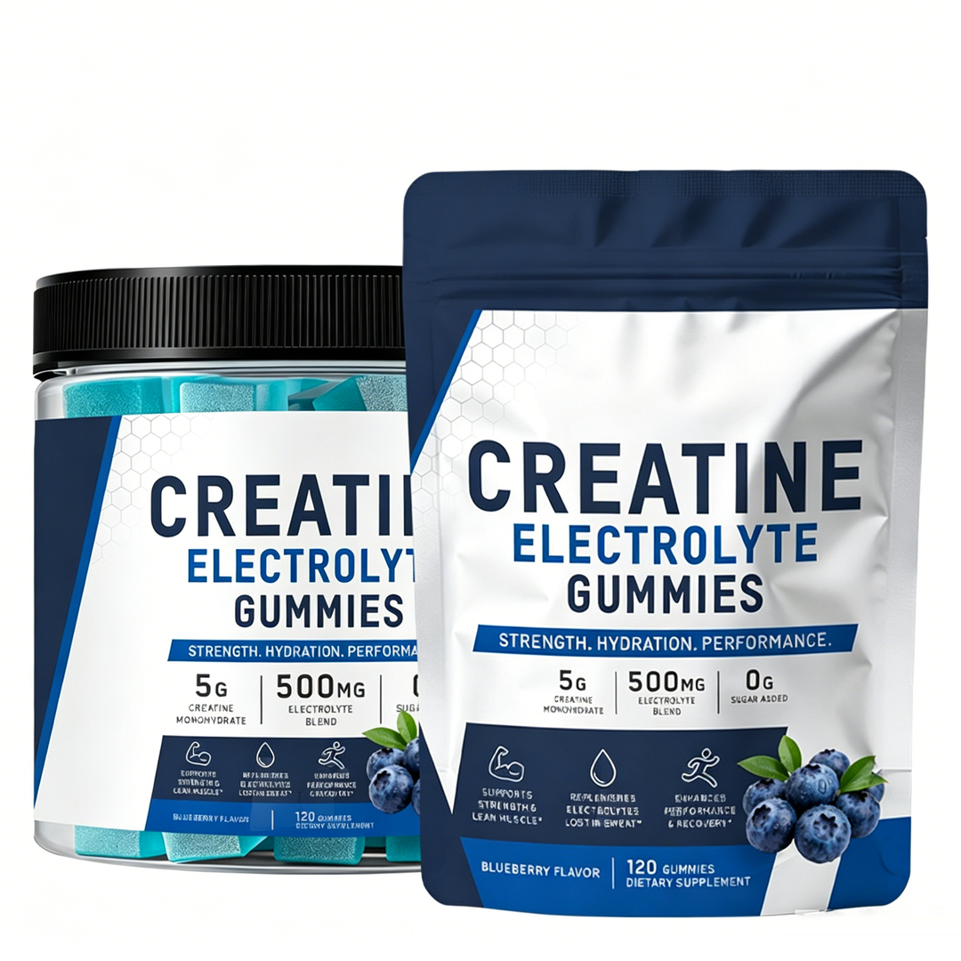 A jar and resealable pouch of Creatine Electrolyte Gummies, blueberry flavor, front-facing on a white background with 5 g creatine and 500 mg electrolytes on the label
