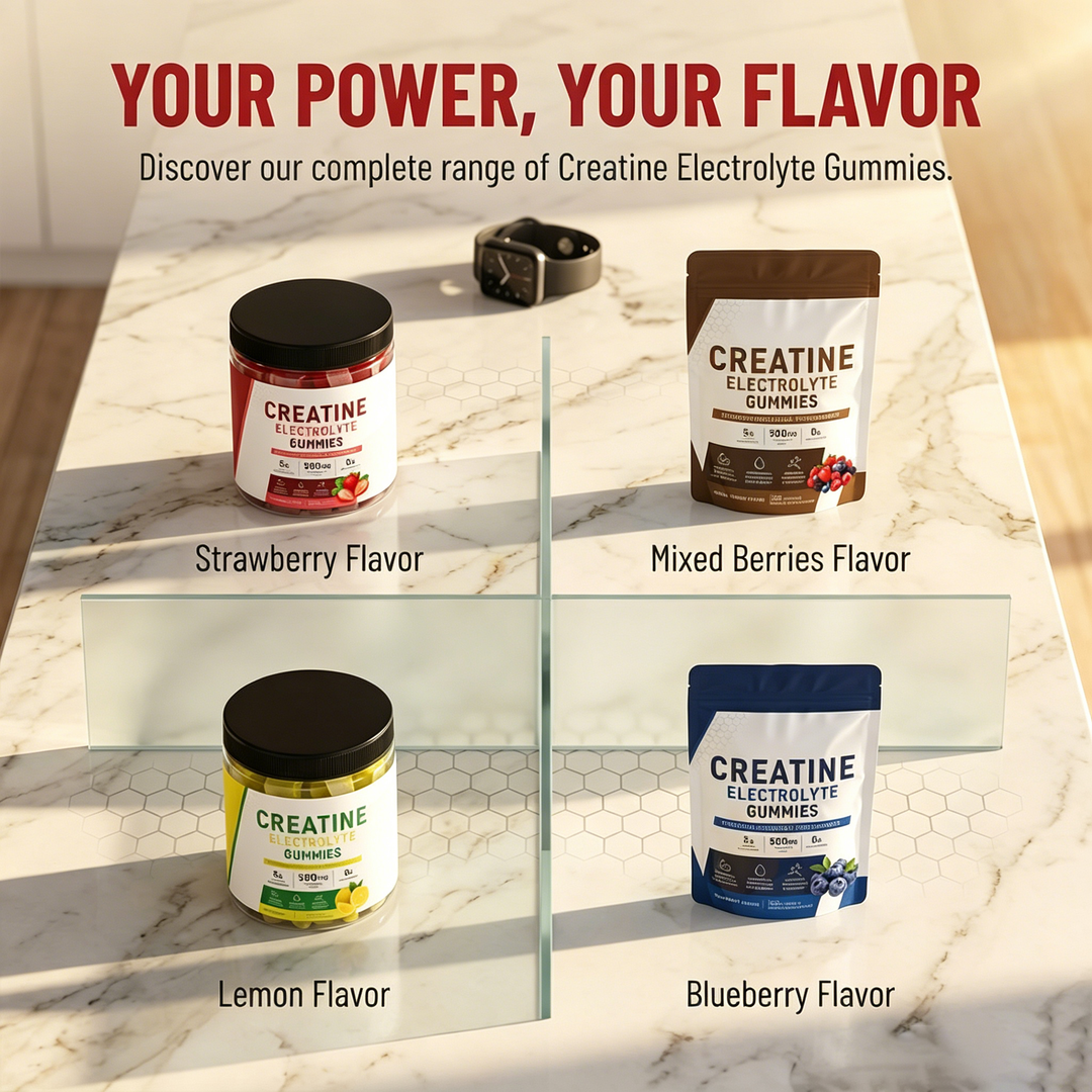 splay of Creatine Electrolyte Gummies jars in Strawberry, Mixed Berries, Lemon, and Blueberry flavors under the heading “Your Power, Your Flavor.”