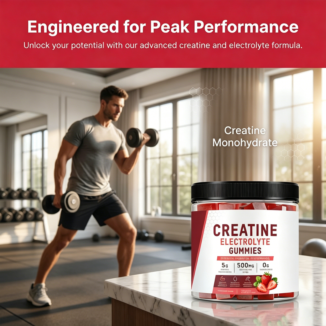 A person lifting dumbbells in a gym beside a jar of Creatine Electrolyte Gummies with “Engineered for Peak Performance” text
