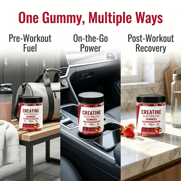 Collage titled “One Gummy, Multiple Ways” showing the product used for pre‑workout fuel, on‑the‑go power, and post‑workout recovery