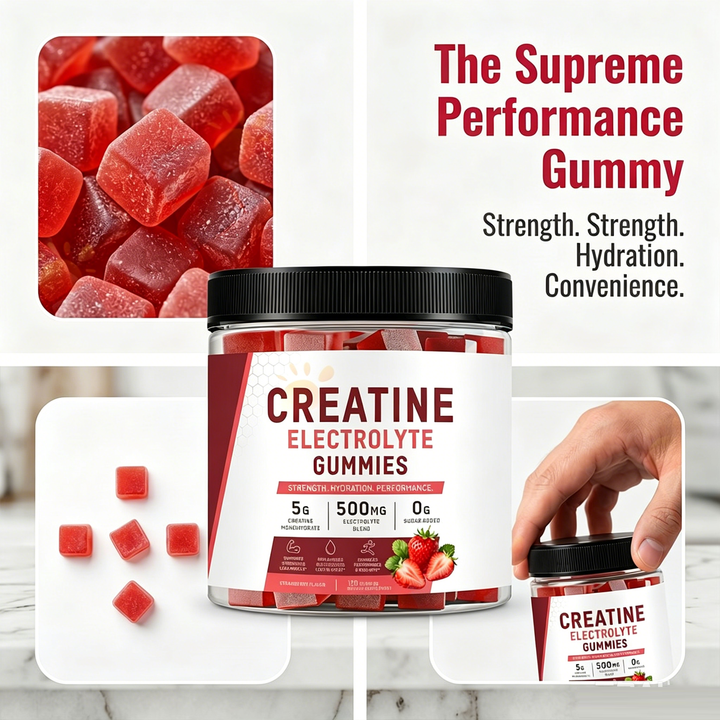 Creatine Electrolyte Gummies jar with red cube gummies and a hand picking one up, captioned “The Supreme Performance Gummy.”