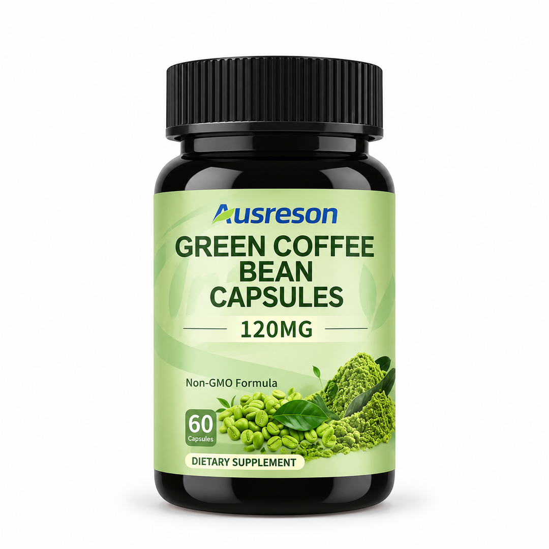 A black bottle of Green Coffee Bean Capsules, 120 mg, 60 count, shown front-facing with green coffee beans on the label on a light gray background
