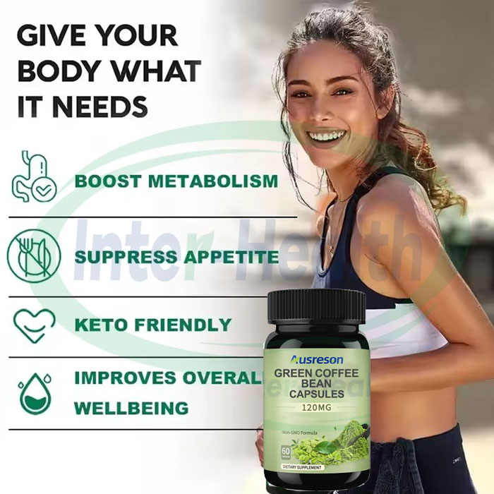 A lifestyle scene with a Green Coffee Bean Capsules bottle and benefit callouts reading boost metabolism, suppress appetite, keto friendly, and improves overall wellbeing