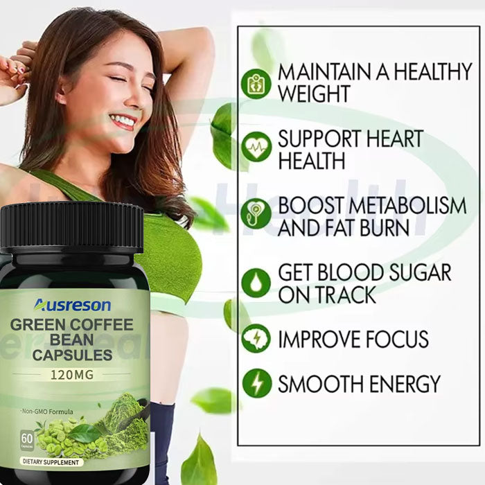 A benefits graphic showing a Green Coffee Bean Capsules bottle alongside text for healthy weight, heart support, metabolism and fat burn, blood sugar, focus, and smooth energy