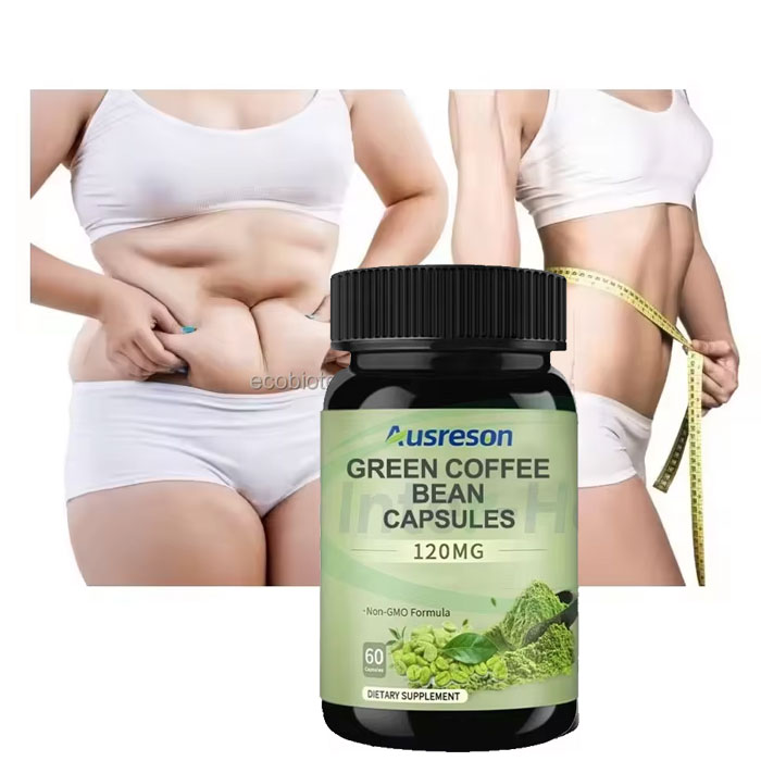 A Green Coffee Bean Capsules bottle pictured with waistline photos and a measuring tape on a white background