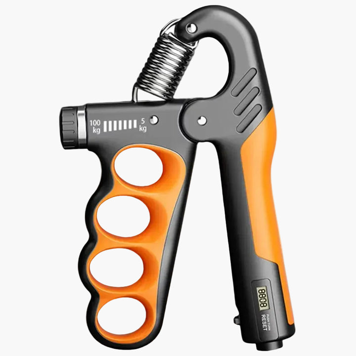 Grip strengthener with orange and black design on a white background