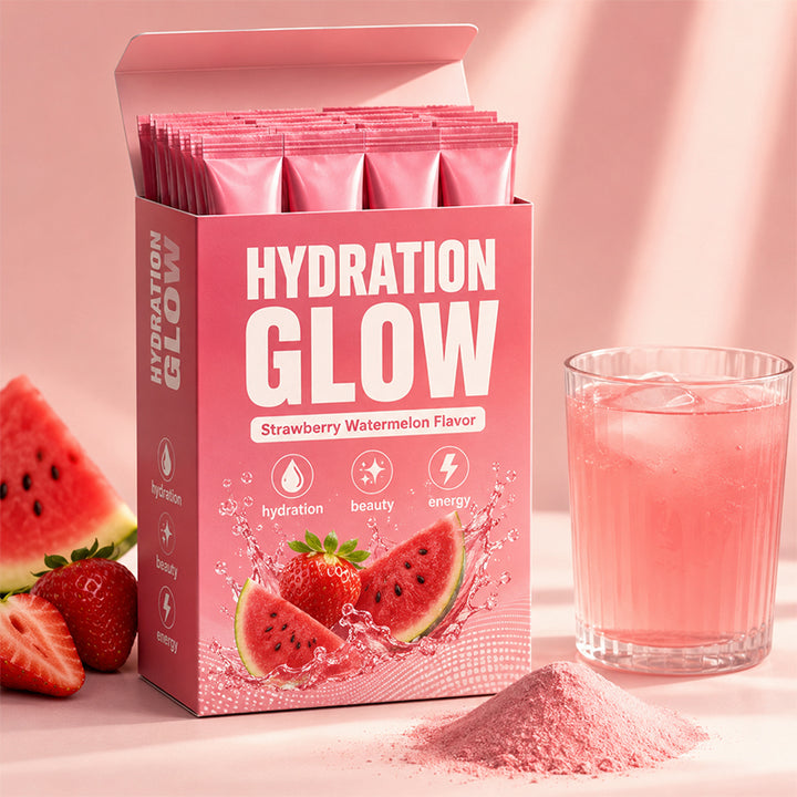 The Hydration Glow collagen electrolyte drink mix box beside a glass of the pink strawberry watermelon drink and a scoop of powder, with fresh strawberries and watermelon on a soft pink background