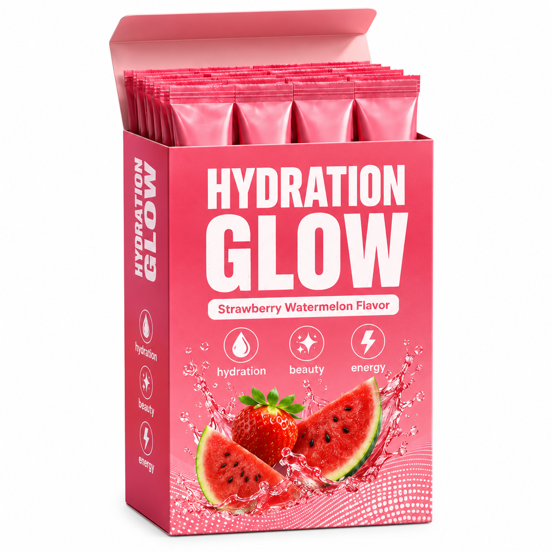 A pink box of Hydration Glow drink mix packets, strawberry watermelon flavor, shown open with individual packets visible inside on a white background.