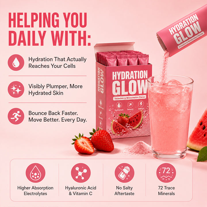 Benefits overview graphic for the Hydration Glow collagen electrolyte drink showing the box and a glass, with icons for hydration, beauty support, energy, and everyday use