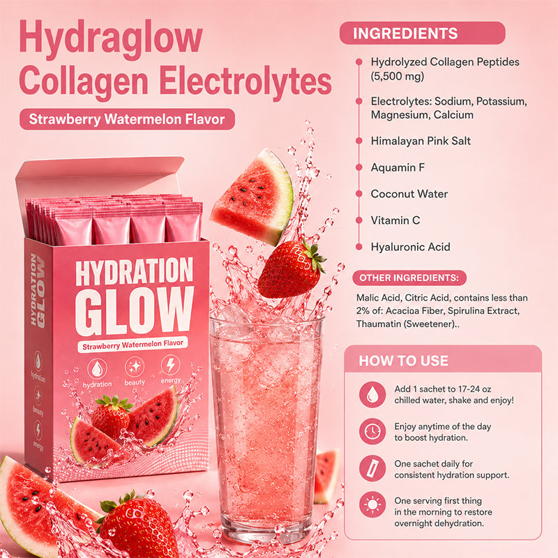Ingredients graphic for Hydration Glow Collagen Electrolytes, strawberry watermelon flavor, listing collagen peptides, key electrolytes, and vitamin C beside a bubbly glass