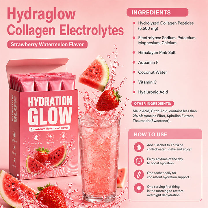 Ingredients graphic for Hydration Glow Collagen Electrolytes, strawberry watermelon flavor, listing collagen peptides, key electrolytes, and vitamin C beside a bubbly glass