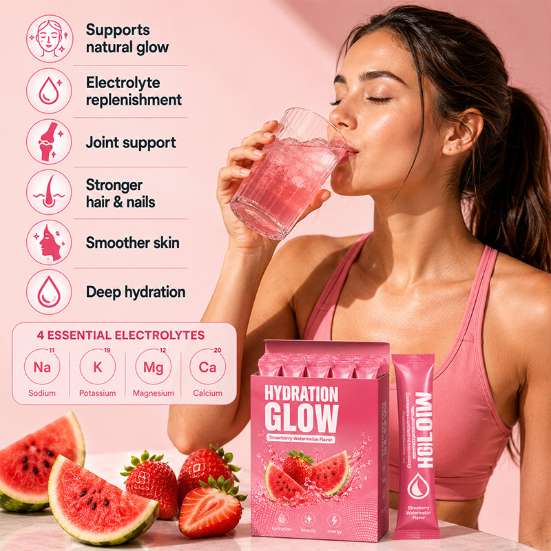 A person drinks a glass of the pink Hydration Glow collagen electrolyte drink next to the product box, with benefit icons and fresh fruit on a pink backdrop