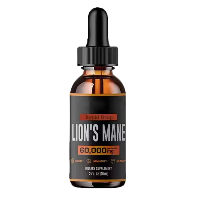 An amber dropper bottle of Lion's Mane liquid drops, 60,000 mg per bottle (2 fl oz), shown front-facing on a white background