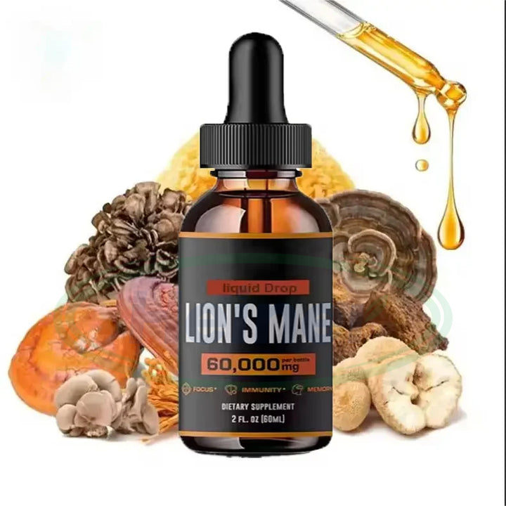 The Lion's Mane liquid drops bottle surrounded by assorted mushrooms with a dropper releasing golden drops on a white background