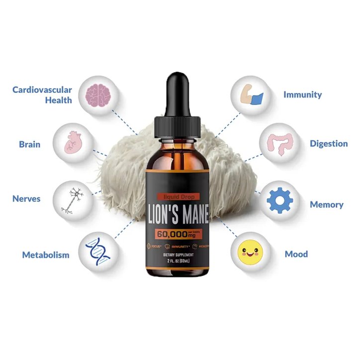 Lion's Mane drops bottle in front of a lion's mane mushroom with circular icons labeled brain, memory, mood, immunity, digestion, metabolism, nerves, and cardiovascular health