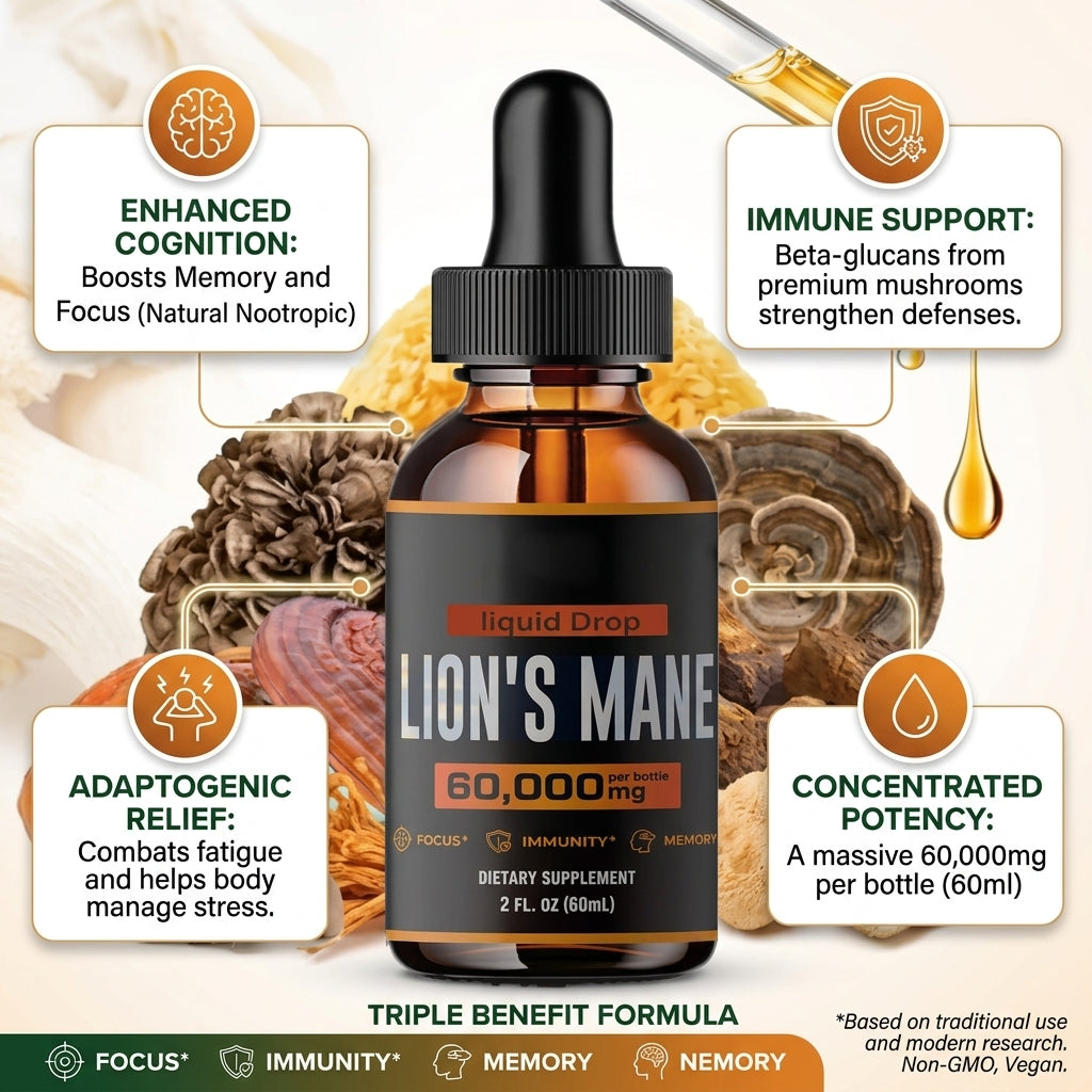 Infographic featuring the Lion's Mane liquid drops bottle with mushrooms and callouts for enhanced cognition, immune support, adaptogenic relief, and 60,000 mg per bottle