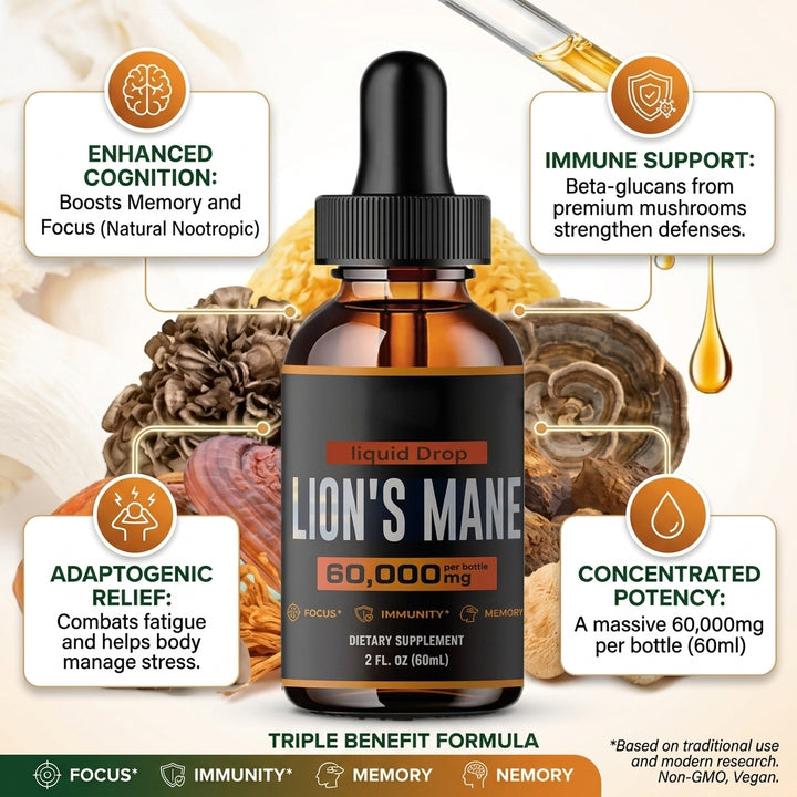 Infographic featuring the Lion's Mane liquid drops bottle with mushrooms and callouts for enhanced cognition, immune support, adaptogenic relief, and 60,000 mg per bottle