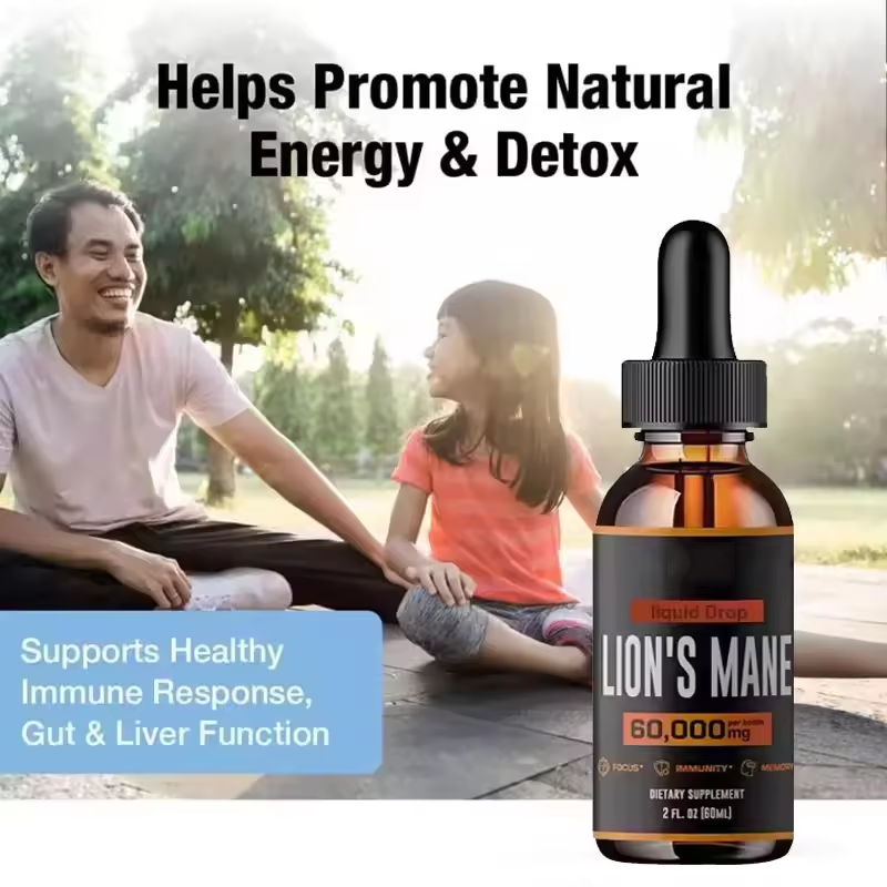 Lifestyle image of two people relaxing outdoors beside a Lion's Mane liquid drops bottle, with overlay text about natural energy, immune support, and detox