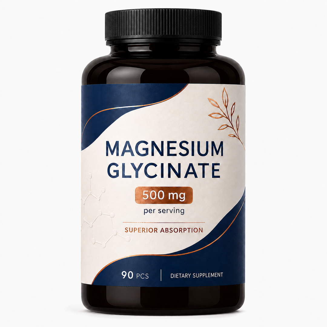 A dark bottle of Magnesium Glycinate 500 mg, 90 capsules, shown front-facing on a white background