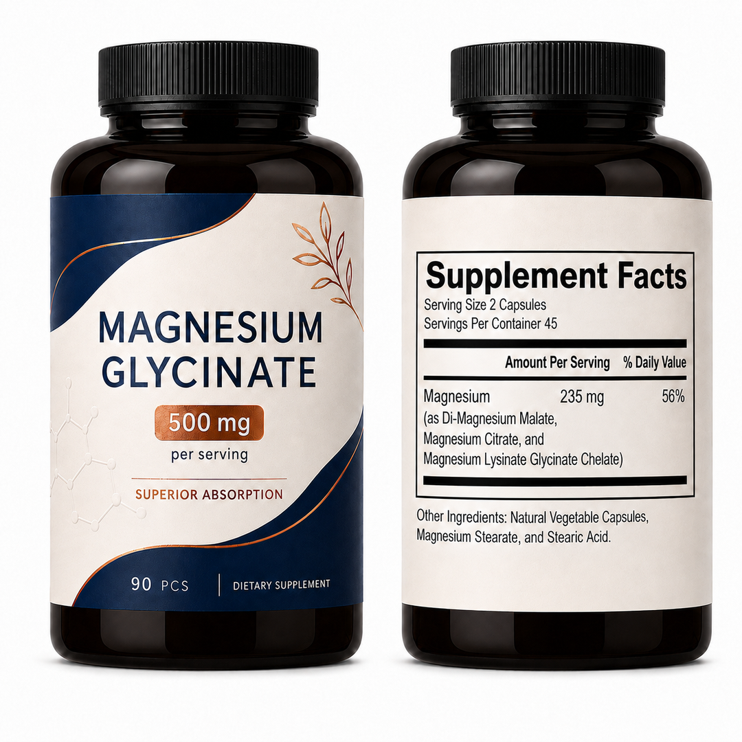 Front and back views of Magnesium Glycinate 500 mg bottles, showing the main label and the Supplement Facts panel on white