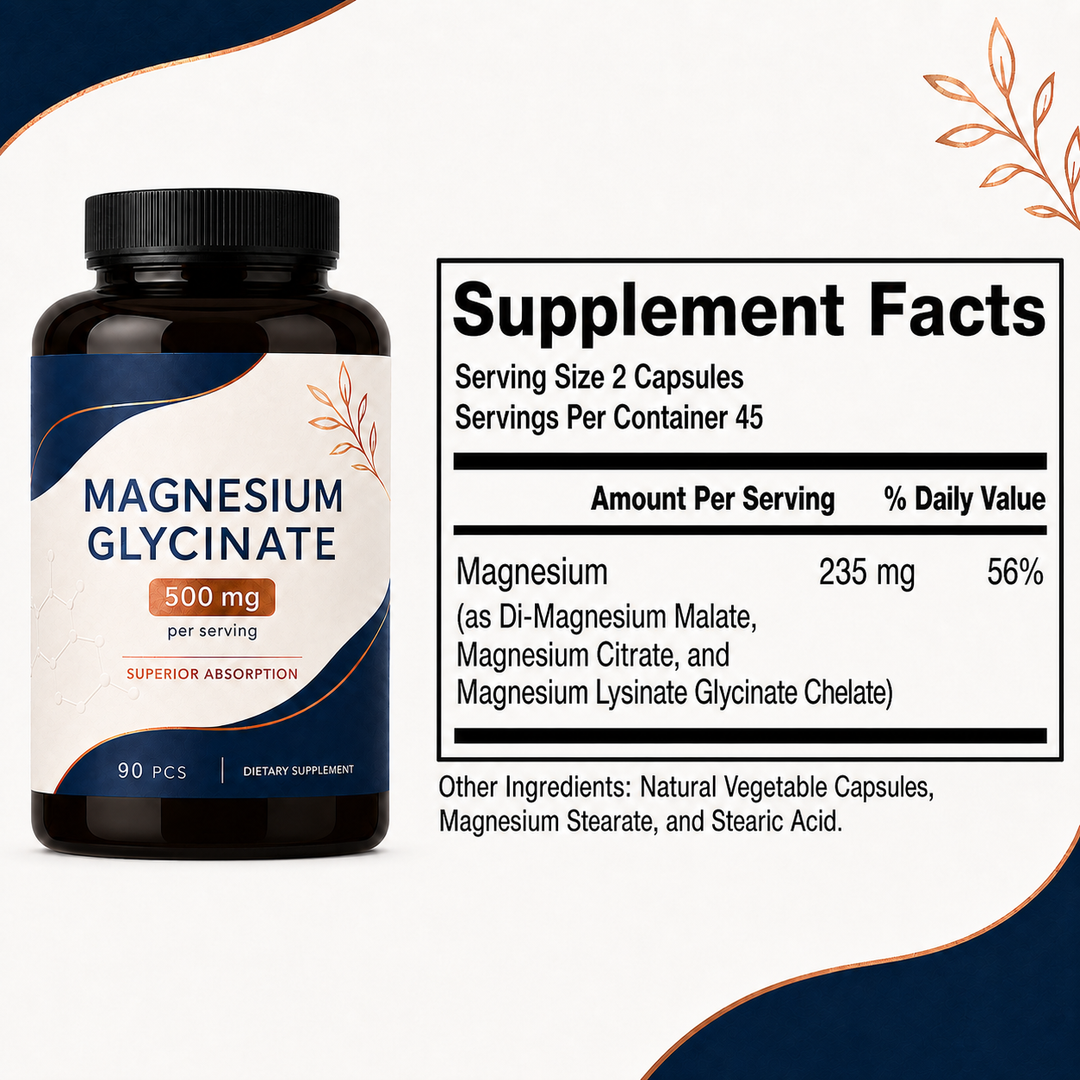 Close-up of the Supplement Facts for Magnesium Glycinate capsules with a bottle beside the panel on a clean white background
