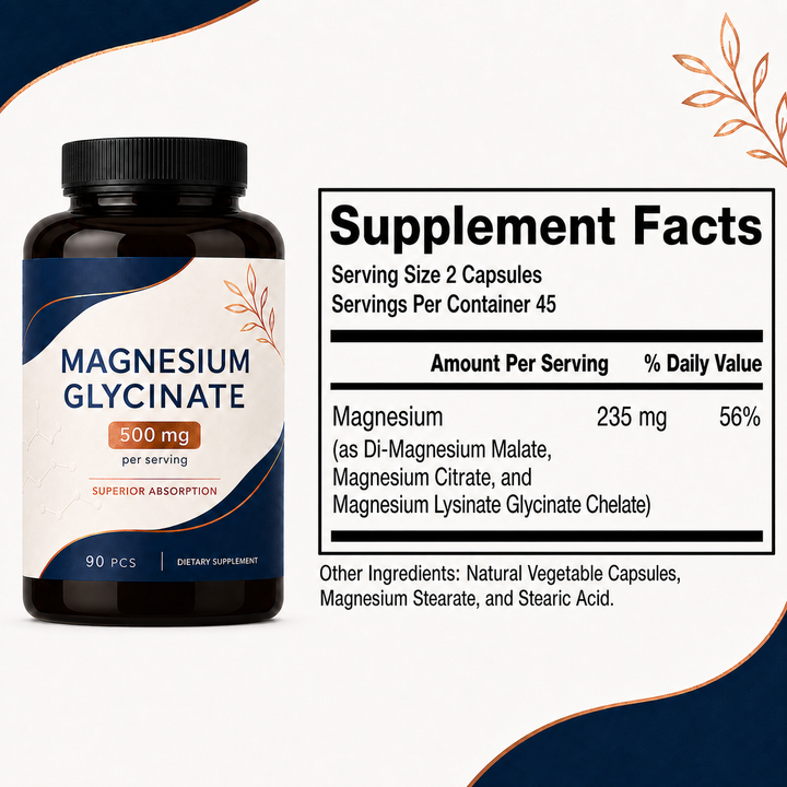 Close-up of the Supplement Facts for Magnesium Glycinate capsules with a bottle beside the panel on a clean white background