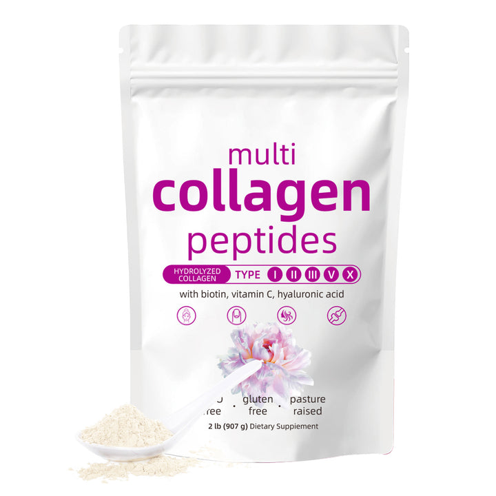A white 2 lb pouch of Multi Collagen Peptides powder with types I, II, III, V, and X listed, plus biotin, vitamin C, and hyaluronic acid, shown with a spoonful of powder on a white background