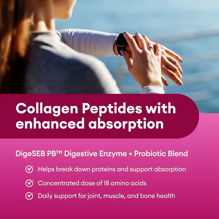 A person holds a bottle beside a “Collagen Peptides with enhanced absorption” banner highlighting a digestive enzyme and probiotic blend