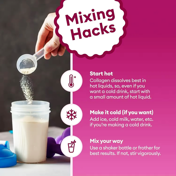 “Mixing Hacks” graphic showing collagen powder being poured into a glass or shaker with tips for starting hot, making it cold, and mixing your way on a magenta background