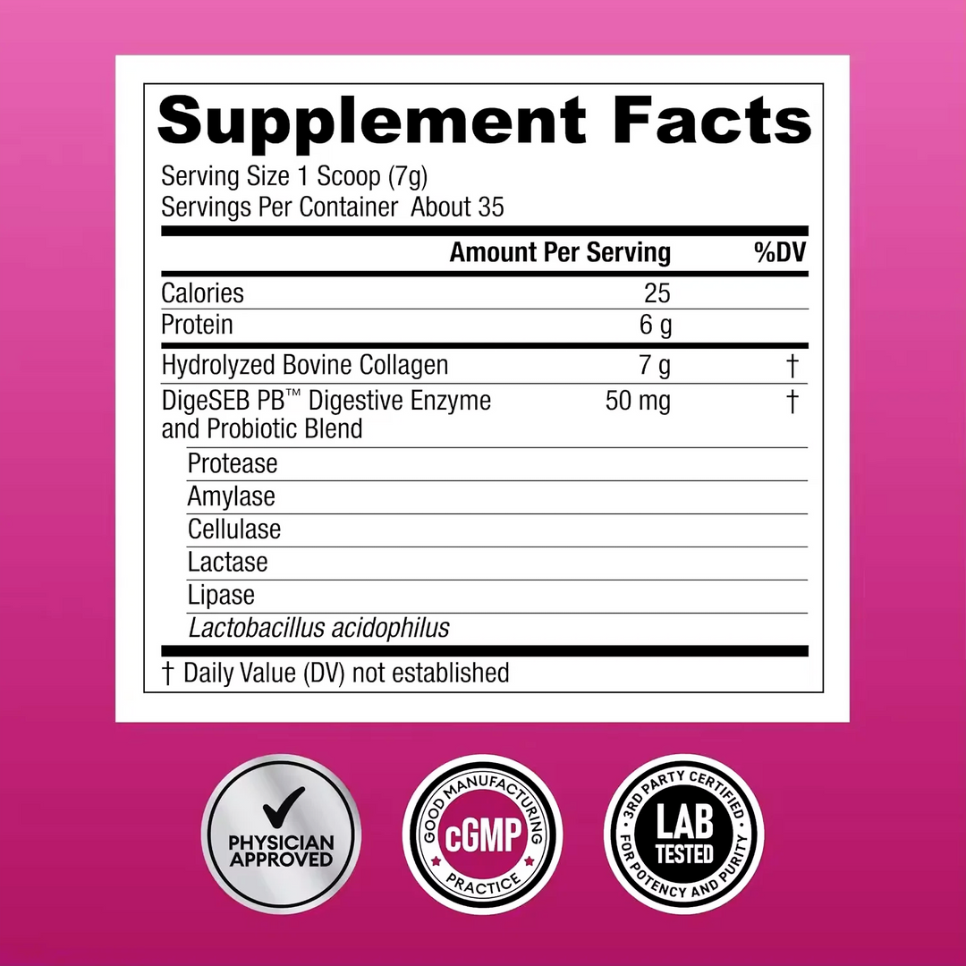 Supplement Facts for Multi Collagen Peptides listing hydrolyzed bovine collagen and a DigeSEB PB digestive enzyme + probiotic blend, with certification badges along the bottom