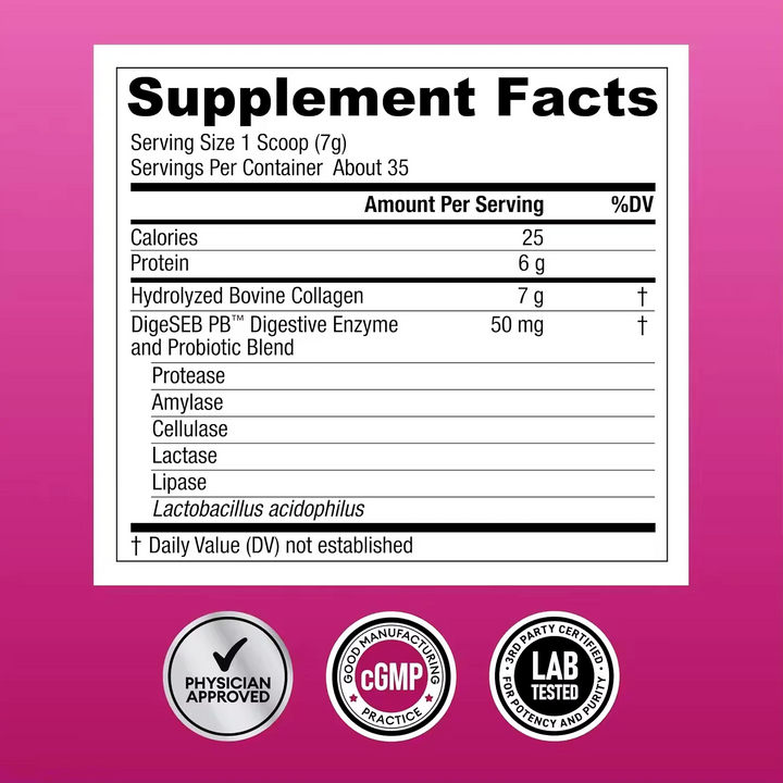 Supplement Facts for Multi Collagen Peptides listing hydrolyzed bovine collagen and a DigeSEB PB digestive enzyme + probiotic blend, with certification badges along the bottom