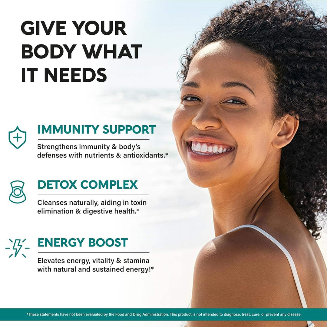 A smiling person beside text reading “Give your body what it needs,” with callouts for immunity support, detox complex, and energy boost