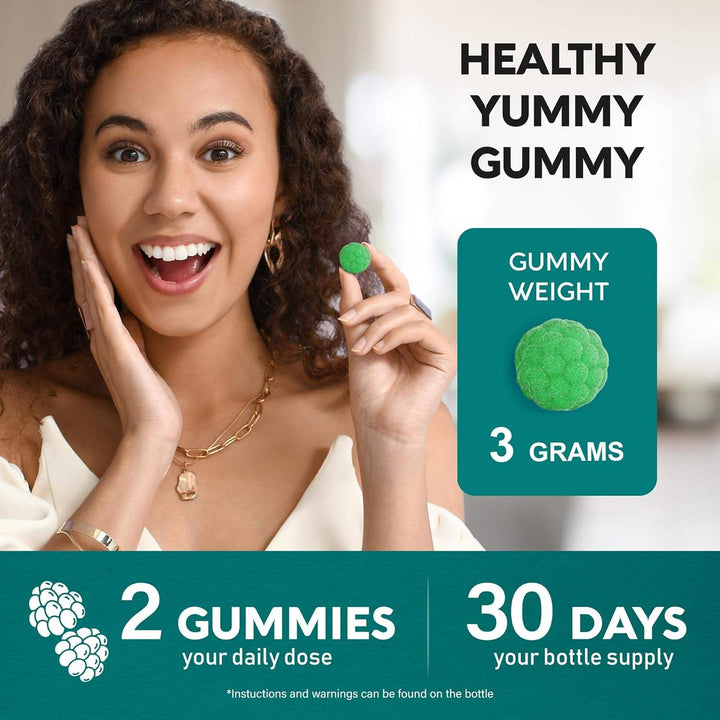 A person holds a green gummy next to graphics stating “2 gummies your daily dose,” “30 days your bottle supply,” and “3 grams gummy weight