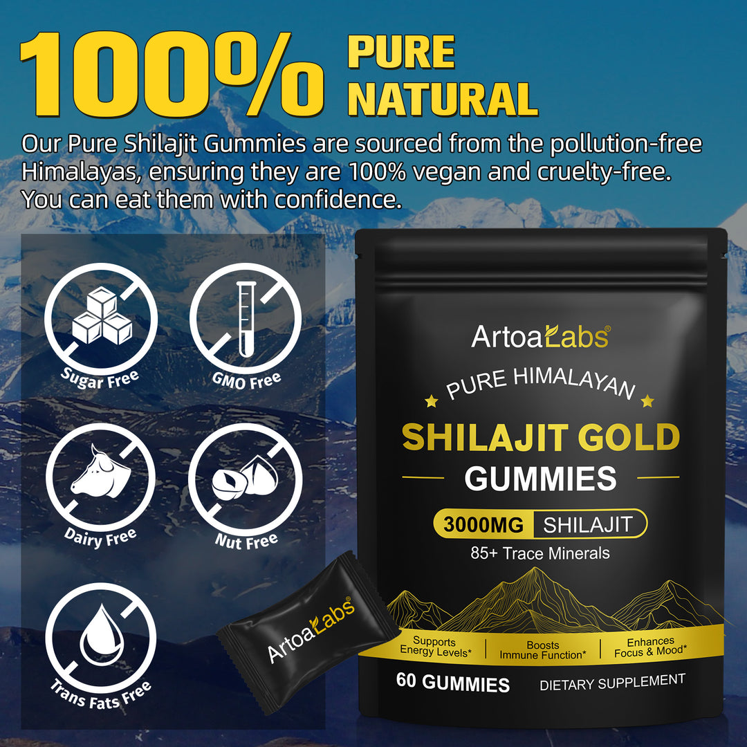 Shilajit Gold Gummies pouch on a blue panel with “100% Pure Natural” text and icons for purity and dietary features like vegan and gluten free