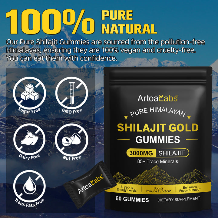 Shilajit Gold Gummies pouch on a blue panel with “100% Pure Natural” text and icons for purity and dietary features like vegan and gluten free