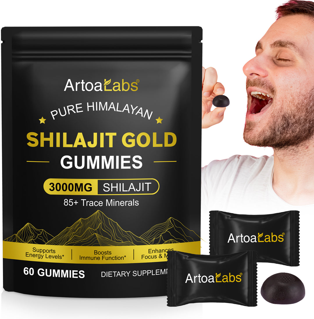 A Shilajit Gold Gummies pouch with individual gummies shown beside a person about to eat one on a clean background