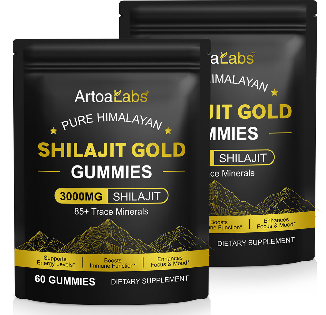 Two black pouches of Pure Himalayan Shilajit Gold Gummies, 3000 mg, 60 gummies, shown front-facing on a white background
