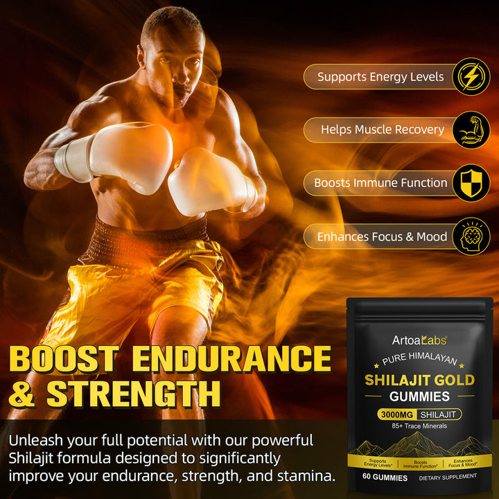 Athlete-themed image with “Boost Endurance & Strength” text beside a Shilajit Gold Gummies pouch and benefit icons for energy, recovery, immune support, and focus