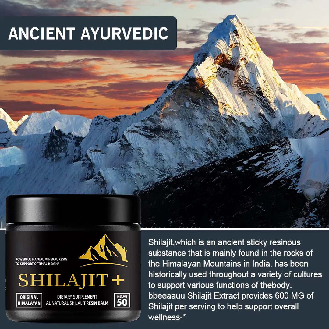 SHILAJIT+ jar set against snowy Himalayan mountains with text about ancient Ayurvedic shilajit