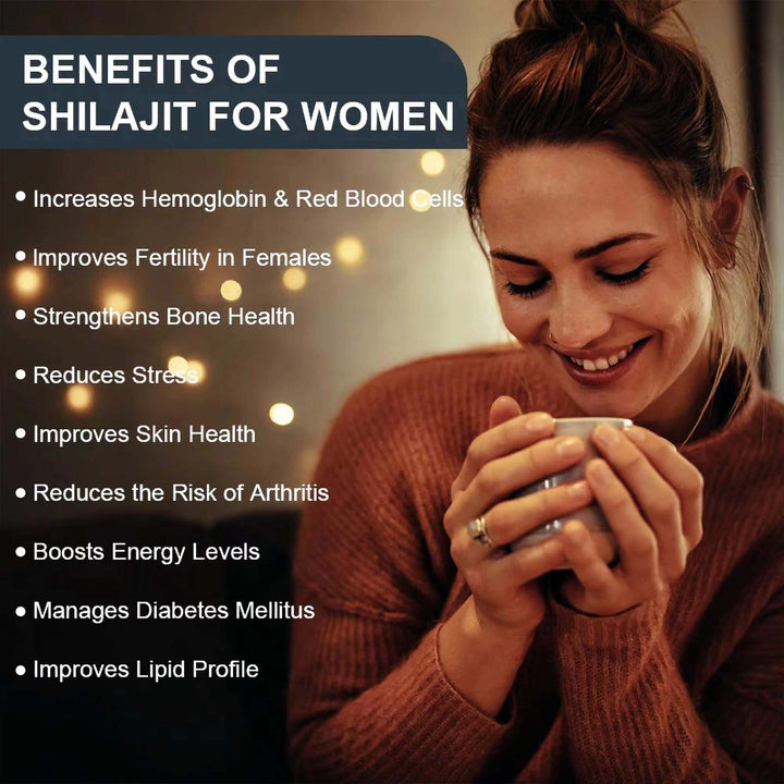 A smiling woman beside a SHILAJIT+ jar with text reading “Benefits of Shilajit for Women” and bullet points for energy, bone and skin support