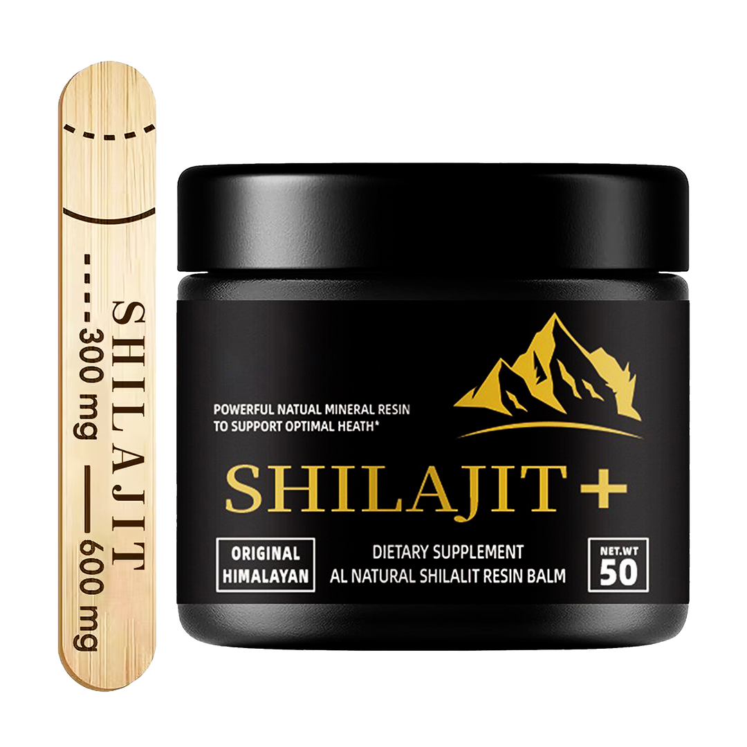 A matte black jar of SHILAJIT+ Himalayan shilajit resin with a wooden measuring stick, shown front-facing on a white background