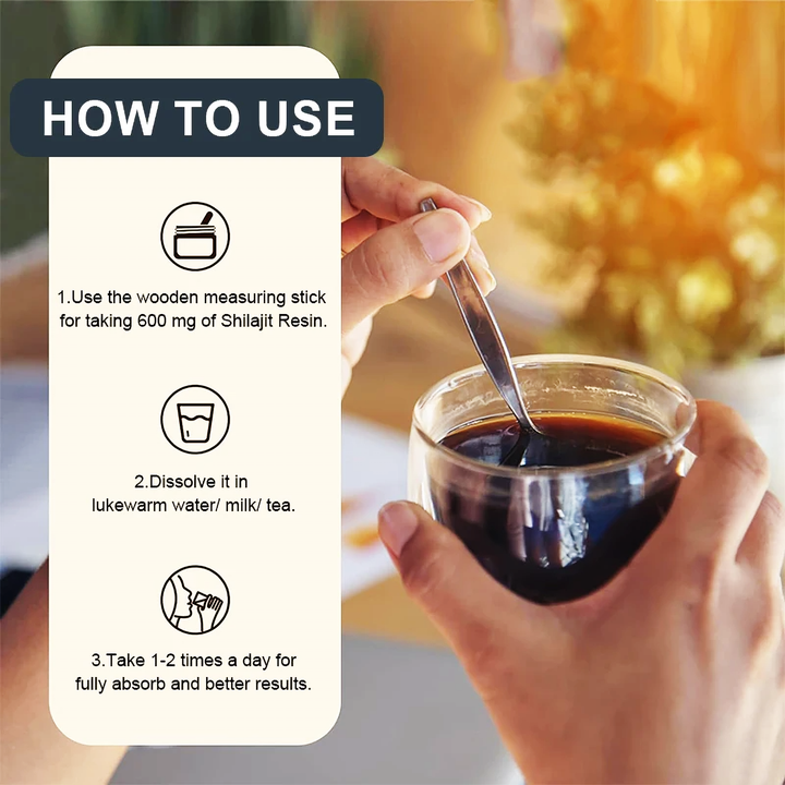 “How to use” graphic showing shilajit measured with the wooden stick and stirred into a warm drink