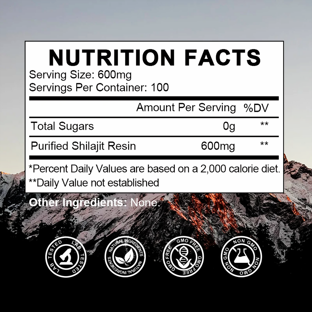 Nutrition Facts panel for SHILAJIT+ showing purified shilajit resin 600 mg per serving, with icons along the bottom