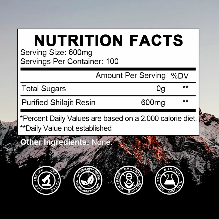 Nutrition Facts panel for SHILAJIT+ showing purified shilajit resin 600 mg per serving, with icons along the bottom