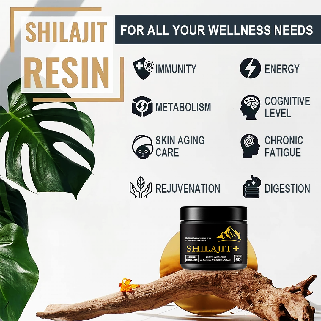 Infographic featuring a SHILAJIT+ jar and icons for immunity, metabolism, skin care, rejuvenation, energy, cognitive level, chronic fatigue, and digestion
