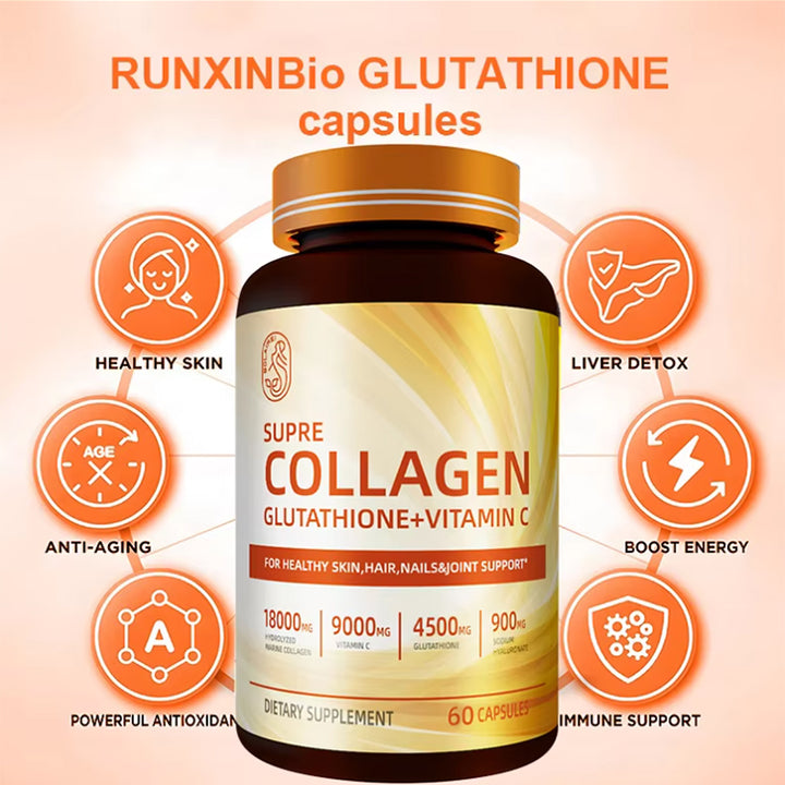 The Supre Collagen + Glutathione + Vitamin C bottle with orange callout icons for healthy skin, anti-aging, liver detox, immune support, and energy